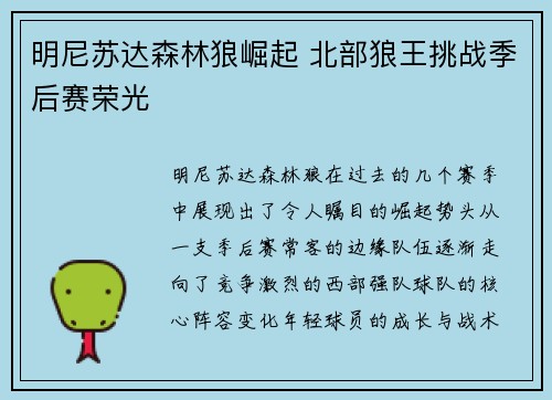 明尼苏达森林狼崛起 北部狼王挑战季后赛荣光