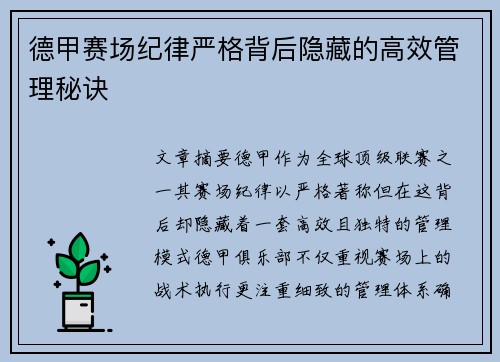 德甲赛场纪律严格背后隐藏的高效管理秘诀
